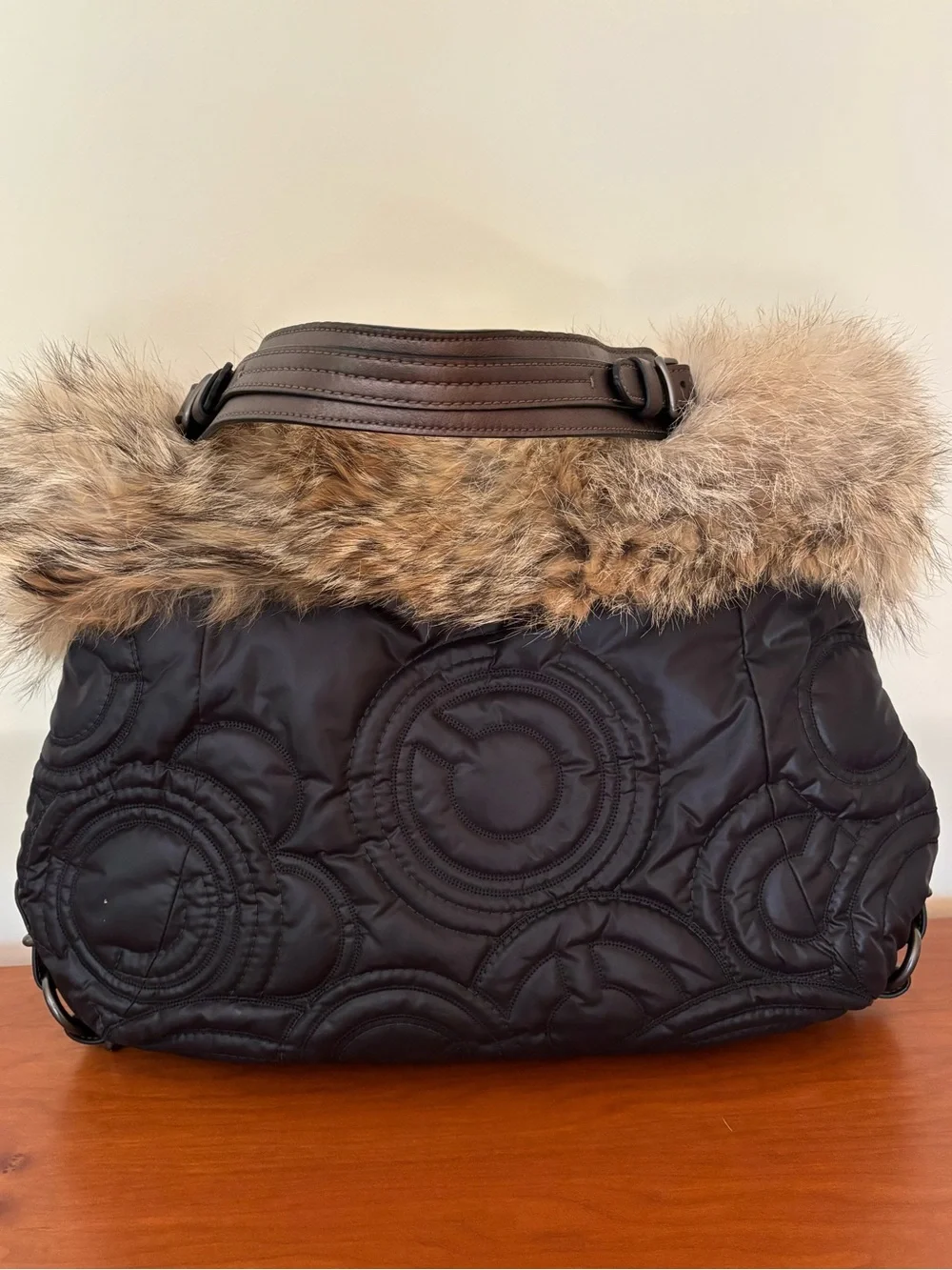 Coach Hamptons Ski Fur XL Hobo Bag 15980 with Coyote Fur Trim Limited-edition
